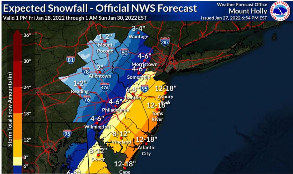 Revised snowfall estimates for the weekend for most of New Jersey, posted by the National Weather Service on Thursday, Jan. 27, 2022.
