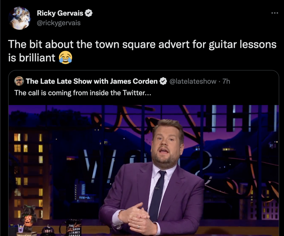 Ricky Gervais points out that James Corden ‘stole’ one of his jokes (Twitter)