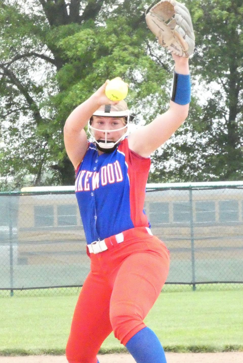 Lakewood sophomore Becca Streets pitches against Jonathan Alder during a Division II district final at Pickerington Central on Saturday, May 20, 2022. The Lancers fell 4-3 as the Pioneers scored two runs in the bottom of the seventh inning.