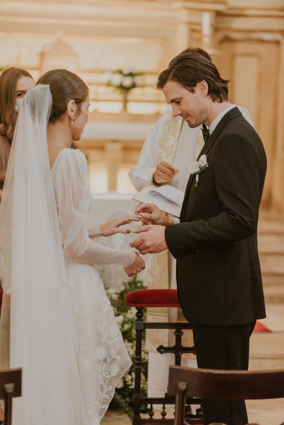 The Bride Wore Feathers for Her Civil Ceremony in London, and a Dress Embroidered With Peonies to Her Micro-Wedding in Portugal