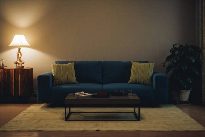 A cozy living room with a blue sofa, throw pillows, a coffee table with books, a lamp, and a plant