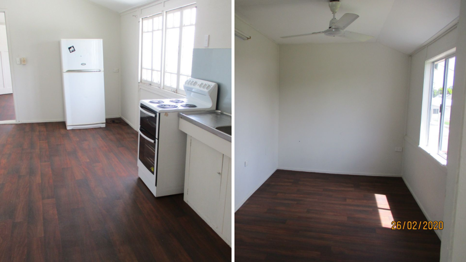 The kitchen and bedroom off the rental property in Home Hill.