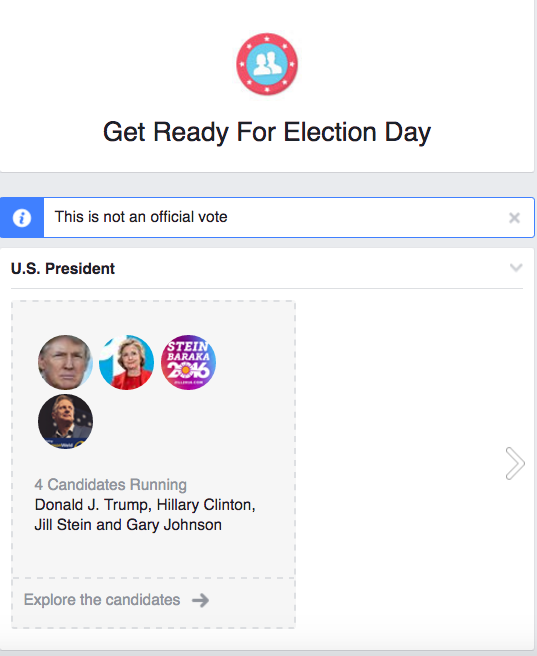 This September, Facebook launched its first-ever voter registration drive. Last week, the social network rolled out a personalized ballot guide, designed to provide users with basic information on all the candidates running for federal, state, and local office. (Screenshot via Facebook)