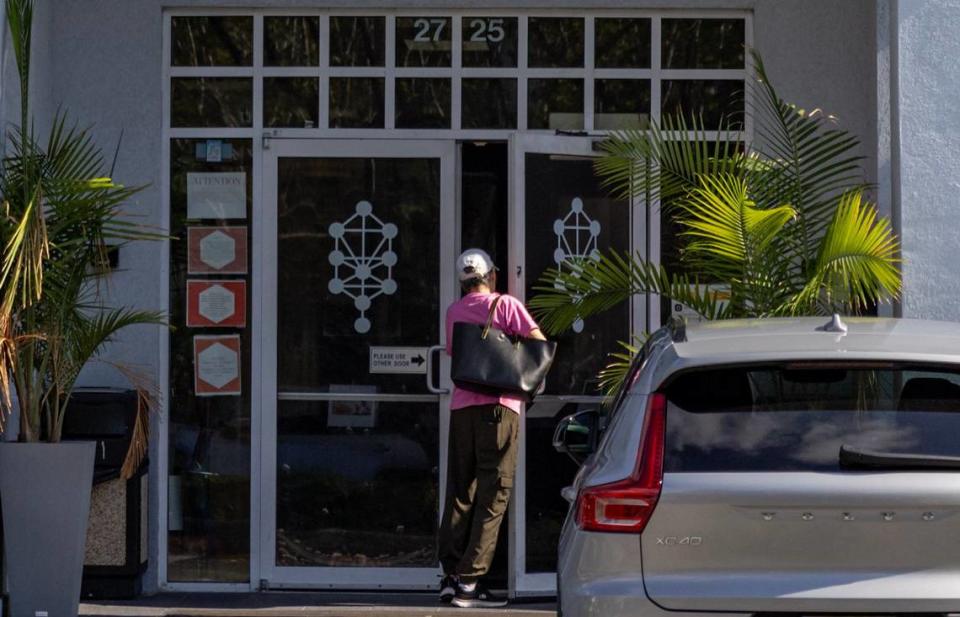 A person enters the Kabbalah Centre, 2725 NE 163rd St., in North Miami Beach on Wednesday, May 8, 2024. Shots were fired around 1:53 a.m. at a North Miami Beach police SUV parked outside, police said.