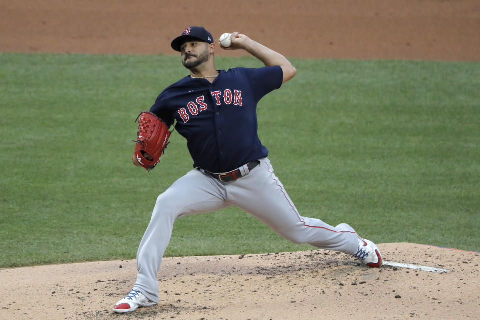 Boston Red Sox starting pitcher Martin Perez throws during the first inning of the baseball game against the New York Mets at Citi Field, Thursday, July 30, 2020, in New York. (AP Photo/Seth Wenig)
