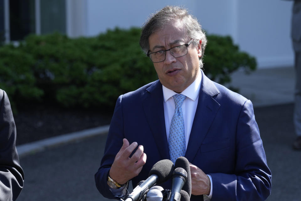 Colombian President Gustavo Petro speaks to reporters following his meeting with President Joe Biden at the White House in Washington, Thursday, April 20, 2023. (AP Photo/Susan Walsh)