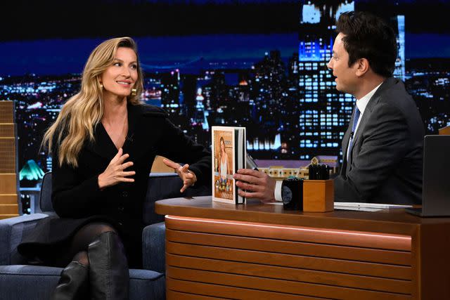 <p>Todd Owyoung/NBC via Getty</p> Model Gisele Bündchen during an interview with host Jimmy Fallon on Thursday, March 21, 2024 .