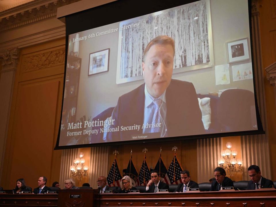 A video of former deputy national security advisor Matthew Pottinger played at a January 6 hearing (AFP via Getty Images)