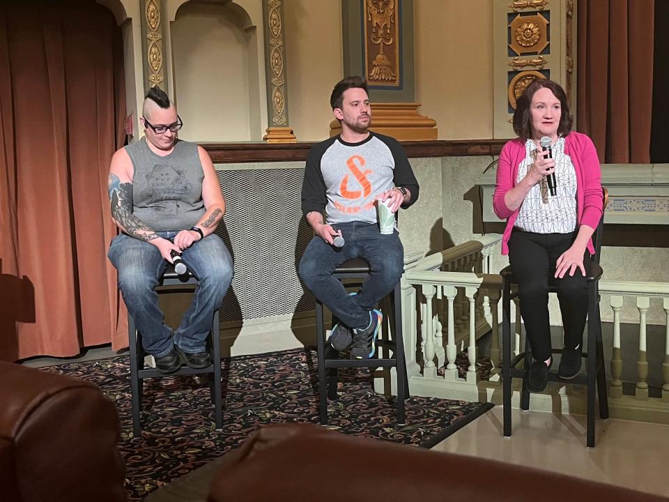 Susan Williams (right) introduces Boots Among Trees (left) and Cody Ingle (center) before they both speak on their traumatizing experiences undergoing conversion therapy at a young age at the State Theatre on Sept. 13, 2022.