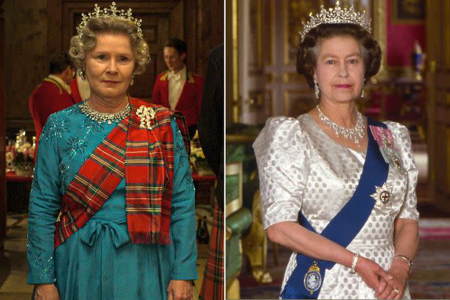 Netflix; Tim Graham Photo Library/Getty Actress Imelda Staunton in character as Queen Elizabeth II on ‘The Crown’; Queen Elizabeth II in the green drawing room at home in Windsor Castle.