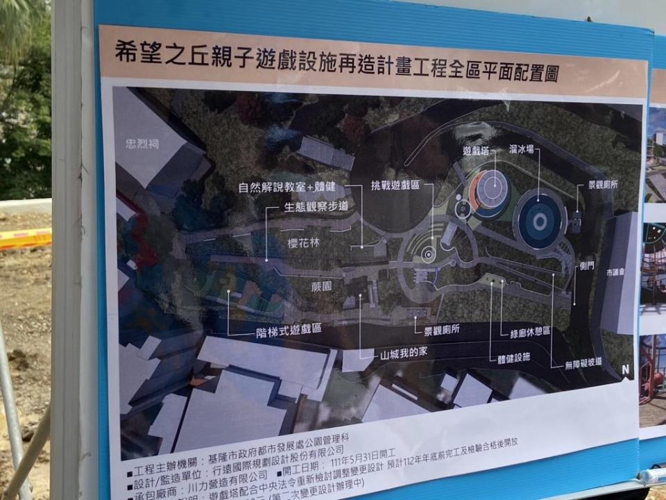 市長謝國樑偕市議員視察中正公園兒童遊戲場進度，未來將會有三層樓高遊戲塔，預計年底完工。(記者王慕慈攝)