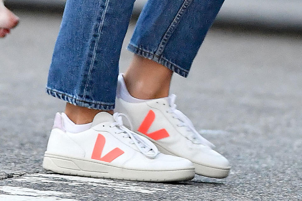 A close-up look at Katie Holmes’ Veja x Madewell kicks. - Credit: Splash News