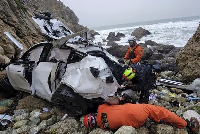 Sgt Brian Moore/AP/Shutterstock The sight of the crash after Dharmesh Arvind Patel drove his family's Tesla off of a California cliff