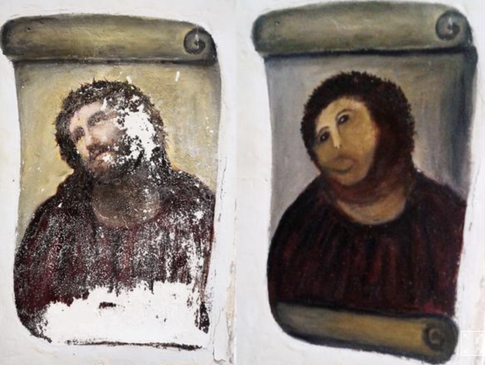 Das Original des "Ecce Homo" Gemäldes ist links zu sehen, die "restaurierte" Version daneben.  (Quelle: Centro de estudios Borjanos)