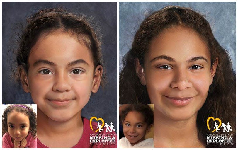A recent age-projected photo released by the National Center for Missing & Exploited Children shows what Skye Rex (left), now 7, and Hanna Lee (right), now 9, may look like.