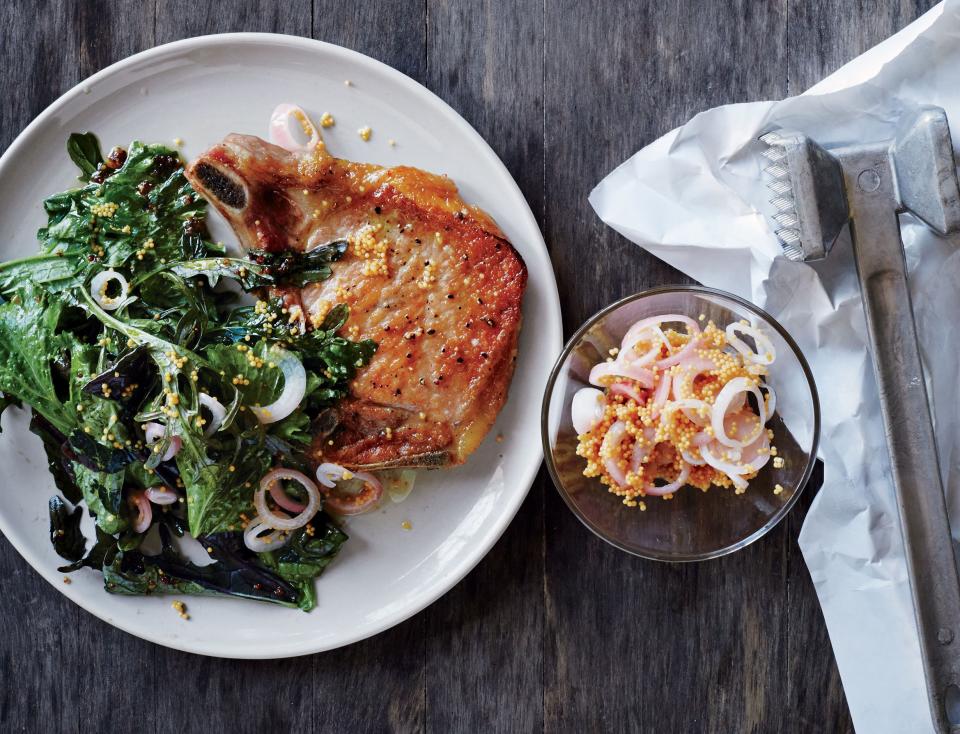 Flattened Pork Chops with Greens and Mustard Pan Sauce