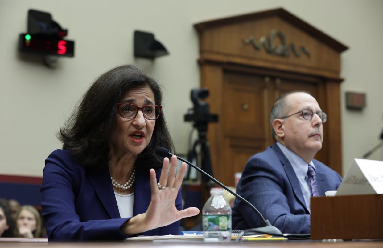 Columbia University President Nemat Shafik testifies before the House Committee on Education & the Workforce during an April 17, 2024, hearing on antisemitism on campus. <a href="https://www.gettyimages.com/detail/news-photo/president-of-columbia-university-nemat-minouche-shafik-news-photo/2149005811?adppopup=true" rel="nofollow noopener" target="_blank" data-ylk="slk:Alex Wong for Getty Images;elm:context_link;itc:0;sec:content-canvas" class="link ">Alex Wong for Getty Images</a>
