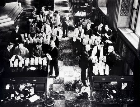 Grain trading takes place on the floor of the Chicago Board of Trade in Chicago, Illinois in this undated handout photo. REUTERS/CME Group/Handout via Reuters