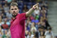 Sep 7, 2016; New York, NY, USA; Stan Wawrinka of Switzerland celebrates after winning match point against Juan Martin del Potro of Argentina (not pictured) on day ten of the 2016 U.S. Open tennis tournament at USTA Billie Jean King National Tennis Center. wawrinka won 7-6(5), 4-6, 6-3, 6-2. Mandatory Credit: Geoff Burke-USA TODAY Sports