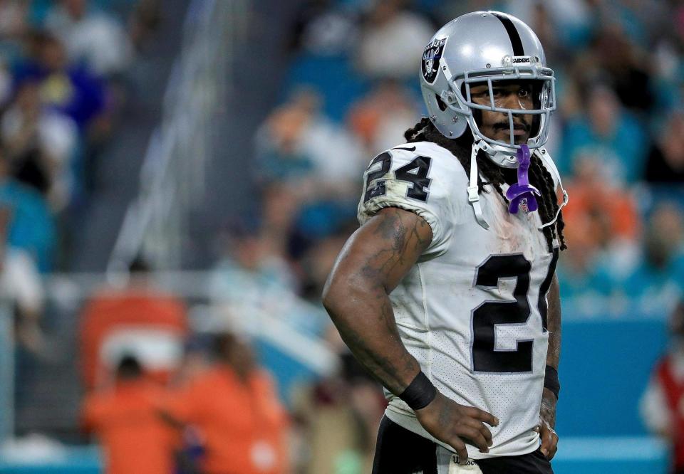 Marshawn Lynch of the Oakland Raiders looks on during a game against the Miami Dolphins at Hard Rock Stadium: Mike Ehrmann/Getty Images