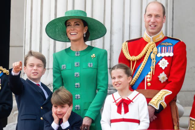 <p>Samir Hussein/WireImage</p> Kate Middleton and Prince William with their kids at Trooping the Colour