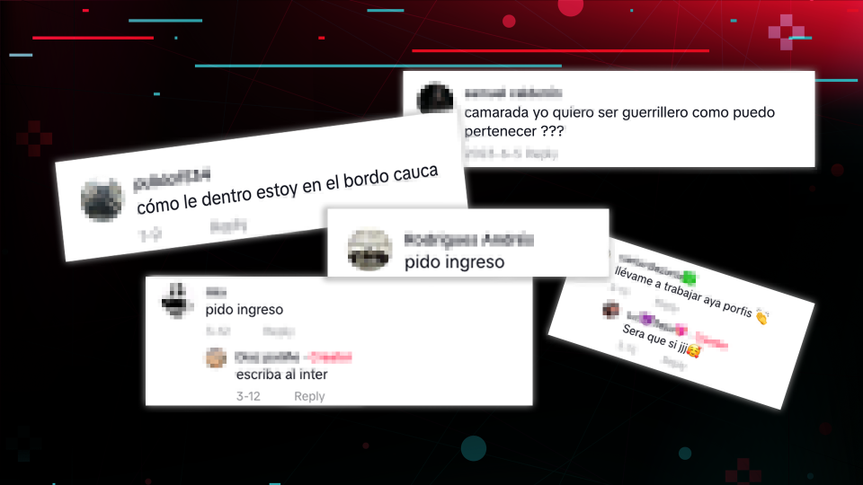 A dark background with screenshots of responses to TikTok videos collected by the BBC asking how to join dissident armed groups in Colombia. 