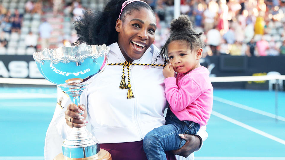 Serena Williams, pictured here with daughter Alexis Olympia after winning the Auckland Classic in January 2020.