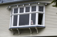 In this Sunday, March 29, 2020, photo, a teddy bear sits in a window of a house in Christchurch, New Zealand. New Zealanders are embracing an international movement in which people are placing teddy bears in their windows during coronavirus lockdowns to brighten the mood and give children a game to play by spotting the bears in their neighborhoods. (AP Photo/Mark Baker)