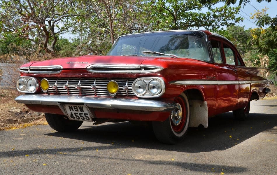 <b>Car:</b> Chevy Belair <br><b>Year:</b> 1959 <br><b>Owner:</b> Businessman from Tamil Nadu<br><b>Story:</b> “He had driven the car for more than a decade and was reluctant to sell it initially. I promised to have his son, who is around 14 now, use it when he gets married.” When Sulaiman was bringing the car back from Coimbatore he decided to put it in a truck, but the owner insisted that all it needed was petrol and it would literally fly, and convinced him to drive it by road.