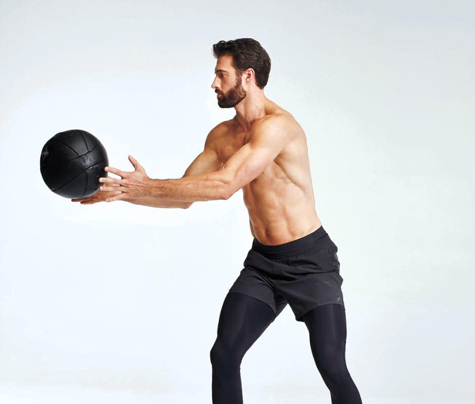How to do it:<ol><li>Stand 5 feet away from and perpendicular to a sturdy wall, so the wall is on your right</li><li>Keeping chin slightly down and looking at wall continuously, rotate shoulders and arms clockwise and down to bring ball by left hip.</li><li>Powerfully twist clockwise and release ball, first rotating your hips, followed by torso, then arms, and finally the ball.</li><li>Catch the ball and begin your next throw. Switch sides after all reps.</li></ol>