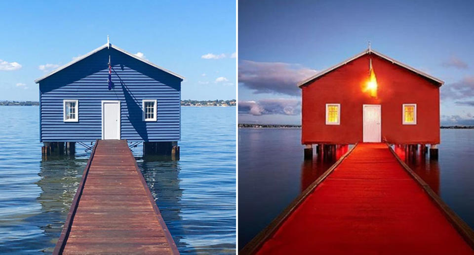 The Crawley Edge Boatshed is pictured blue before being turned red. The iconic shed has changed colour as Perth welcomes Manchester United on Saturday for a football game against Perth United.