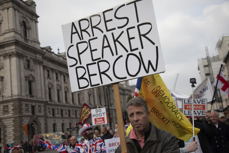 Pro Brexit anti European Union Leave protesters demonstrating in Westminster on what, prior to another Brexit Day extension, would have been the day the UK was scheduled to leave the EU, and instead political parties commence campaigning for a General Election, and leader of the house John Bercow stood down on 31st October 2019 in London, England, United Kingdom. Brexit is the scheduled withdrawal of the United Kingdom from the European Union. Following a June 2016 referendum, in which 51.9% of participating voters voted to leave. (photo by Mike Kemp/In Pictures via Getty Images)