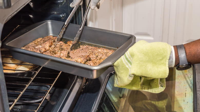 Steak coming from oven