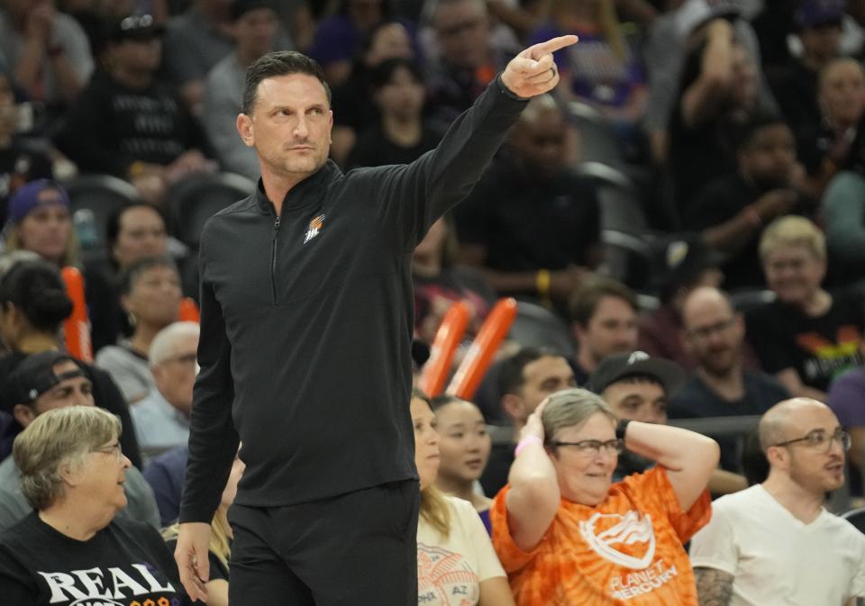 Phoenix Mercury head coach Nate Tibbetts directs his players against the New York Liberty during the first quarter at Footprint Center on Aug. 26, 2024, in Phoenix.