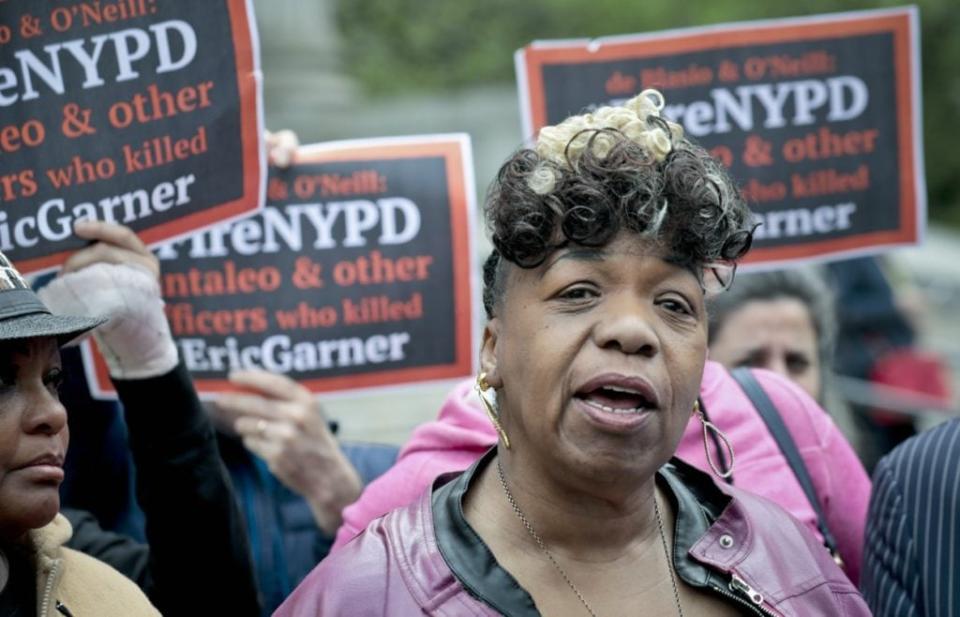 Gwen Carr, left, mother of Eric Garner, speaks during a news conference after leaving court in New York. (AP Photo/Bebeto Matthews, File)