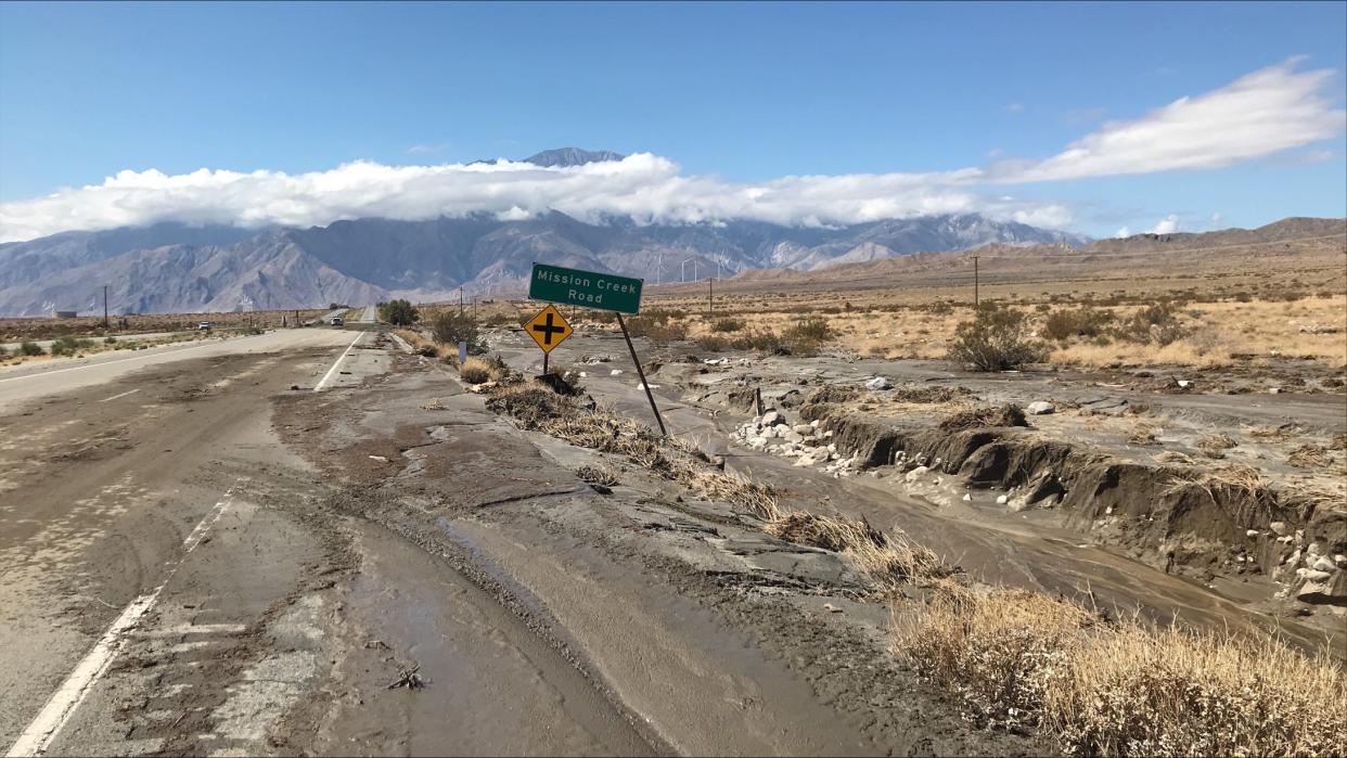 Mission Creek Road in the Yucca Valley, CA area was one of many roads, trails and campgrounds that were hit with floodwaters and mud due to tropical storm Hilary, which roared over much of southern California on Aug. 21, 2023. Upper Mission Creek in the San Bernardino Mountains got a whopping 13.54 inches in 48 hours, the highest amount in southern California, while 11.73 inches fell at Redwood Flat, and Mount San Jacinto by the Palm Springs Tramway saw 11.74 inches, according to National Weather Service and NOAA readings.