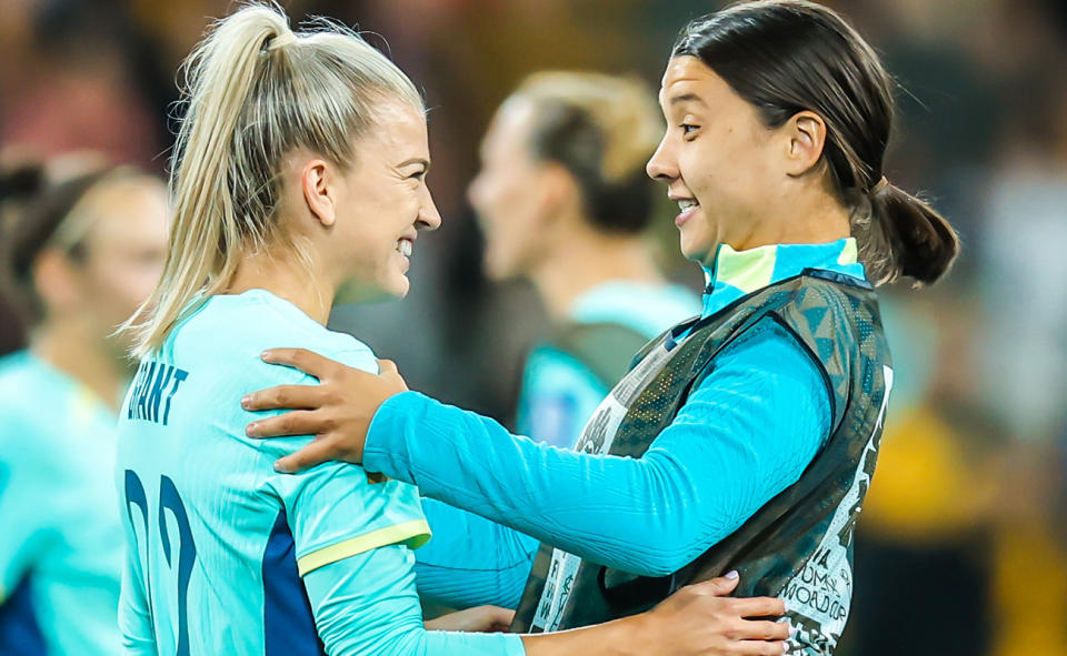 Charli Grant and Sam Kerr, pictured here in action for the Matildas in 2023.