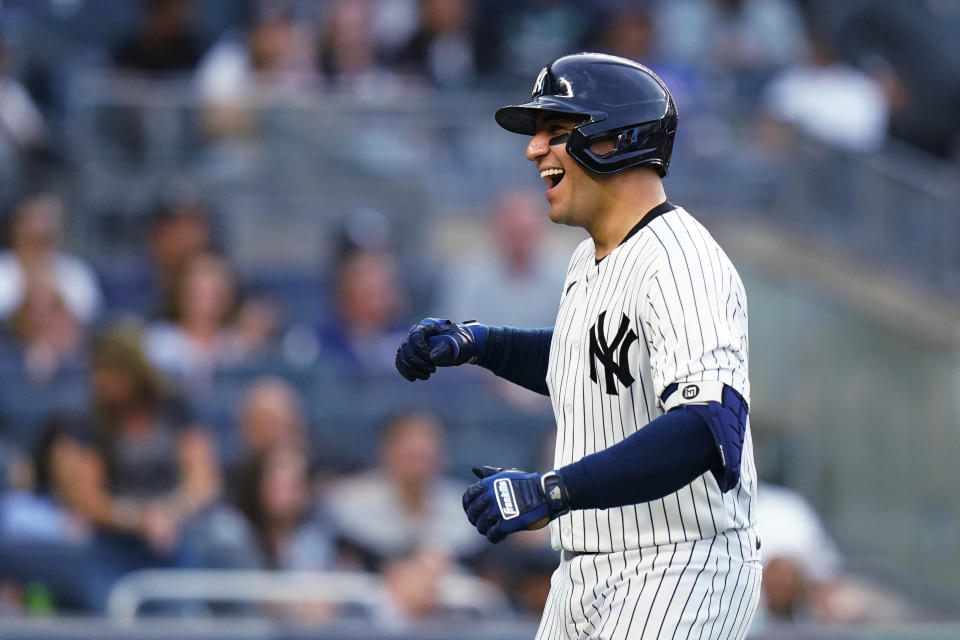 New York Yankees' Jose Trevino smiles after hitting a home run during the third inning of the team's baseball game against the Detroit Tigers on Friday, June 3, 2022, in New York. (AP Photo/Frank Franklin II)