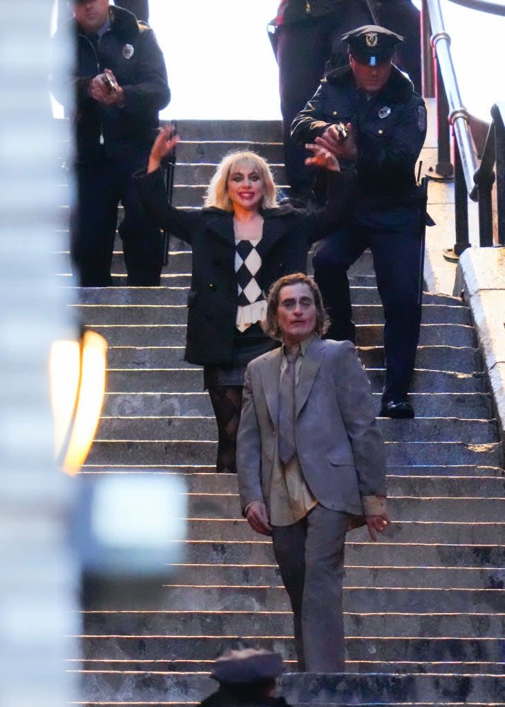 Lady Gaga and Joaquin Phoenix on set of 'Joker Folie a Deux' in 2023