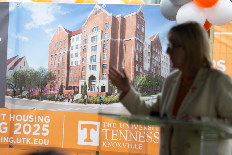 University of Tennessee Chancellor Donde Plowman talks about the public-private partnership between UT and Rise Development to build two new residence halls during a groundbreaking ceremony on March 6 in Knoxville.