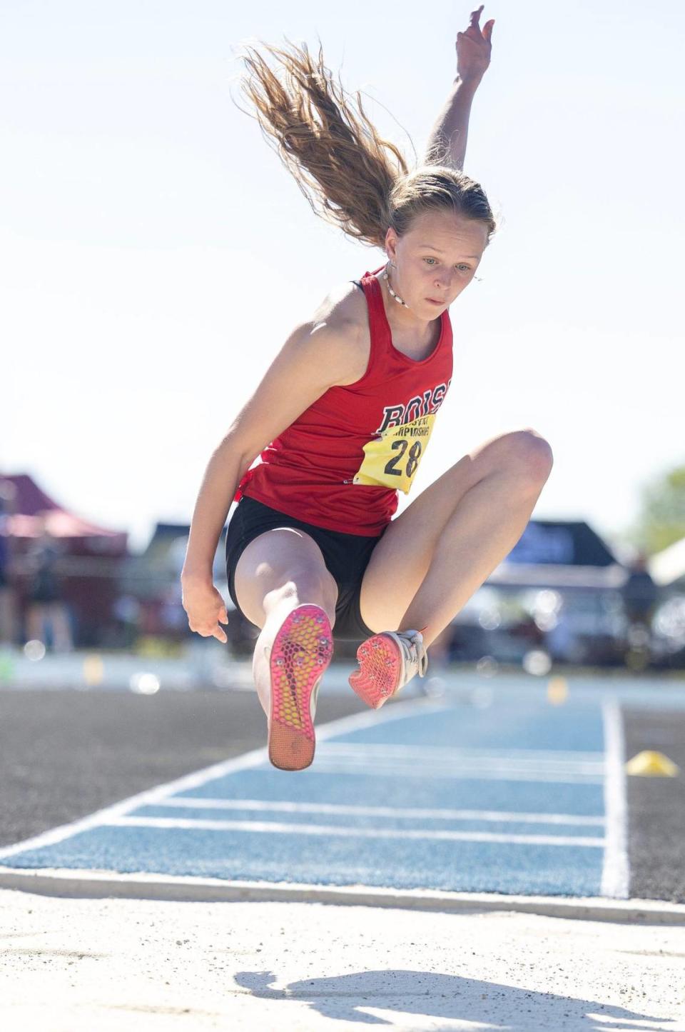 Boise’s Autumn Shomaker competes in triple jump at the 5A District Three Track and Field Championships last week. She’s a favorite to win the long jump title at state.