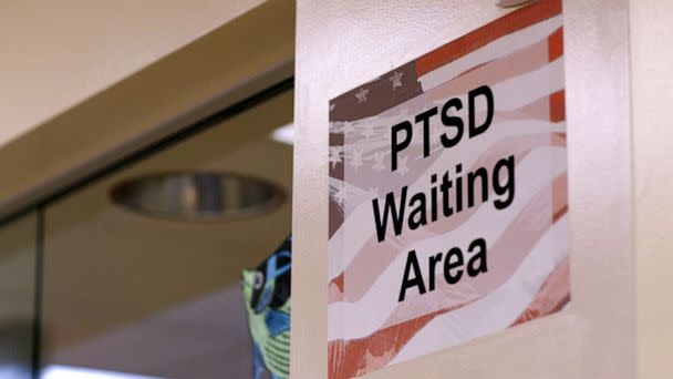 PHOTO: A sign reads 'PTSD Waiting Area' in an image from the new documentary 'Here.Is.Better.' (Greenwich Entertainment)