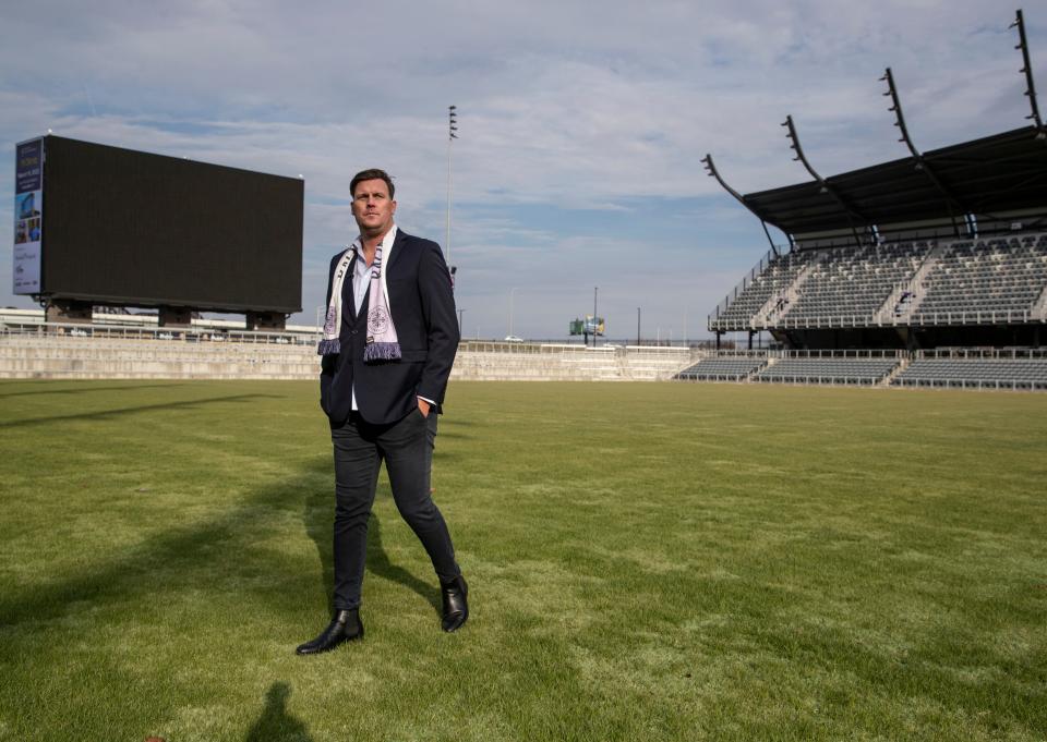 Kim Björkegren, the new coach of Racing Louisville women's soccer team is introduced at Lynn Family Stadium. Jan. 19, 2022