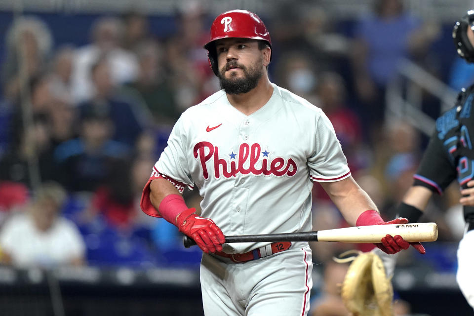 Philadelphia Phillies' Kyle Schwarber walks off after striking out during the fourth inning of the team's baseball game against the Miami Marlins, Friday, July 15, 2022, in Miami. (AP Photo/Lynne Sladky)