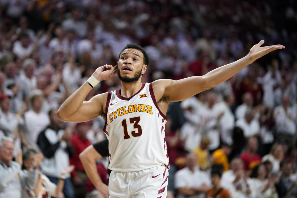 Iowa State guard Jaren Holmes celebrates at the end of an NCAA college basketball game against Texas, Tuesday, Jan. 17, 2023, in Ames, Iowa. Iowa State won 78-67. (AP Photo/Charlie Neibergall)