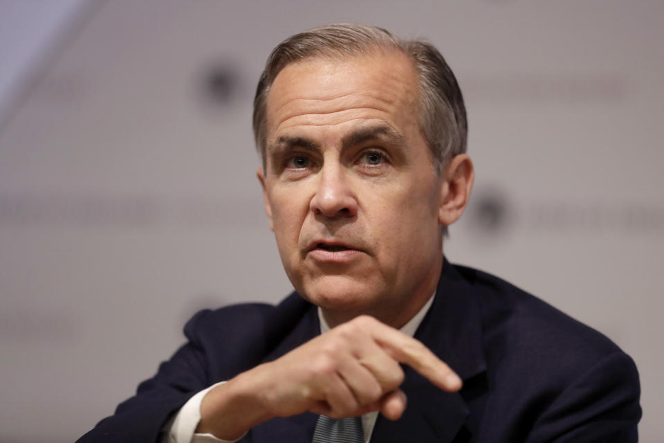 Mark Carney the Governor of the Bank of England speaks during an Inflation Report Press Conference at the Bank of England in the City of London, Thursday, May 2, 2019. The British economy is likely to weaken in the near-term as firms ease up on Brexit preparations now that Britain’s Brexit departure from the European Union has been delayed by months, the Bank of England said Thursday. (AP Photo/Matt Dunham, Pool)