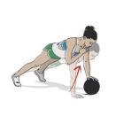 <p><strong>Needed: </strong>Medicine ball<strong>.</strong></p><p><strong>1/ </strong>Start with your body in a plank position, making sure it's in a straight line, with your feet balancing on your toes. Place one hand atop a medicine ball - your upper body will be angled down slightly with the different levels.</p><p><strong>2/ </strong>In a swift movement bring one hand up to tap your opposite shoulder, and then quickly pop it back on the floor. Roll the ball to the other side, place your opposite hand on it and repeat the move with the other hand, all the while making sure your body is slightly shifting from one side to the other in order to stay balanced. </p>