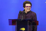 Tennis legend Billie Jean King speaks during the opening ceremony of the of the U.S. Open tennis championships, Monday, Aug. 28, 2023, in New York. (AP Photo/Jason DeCrow)