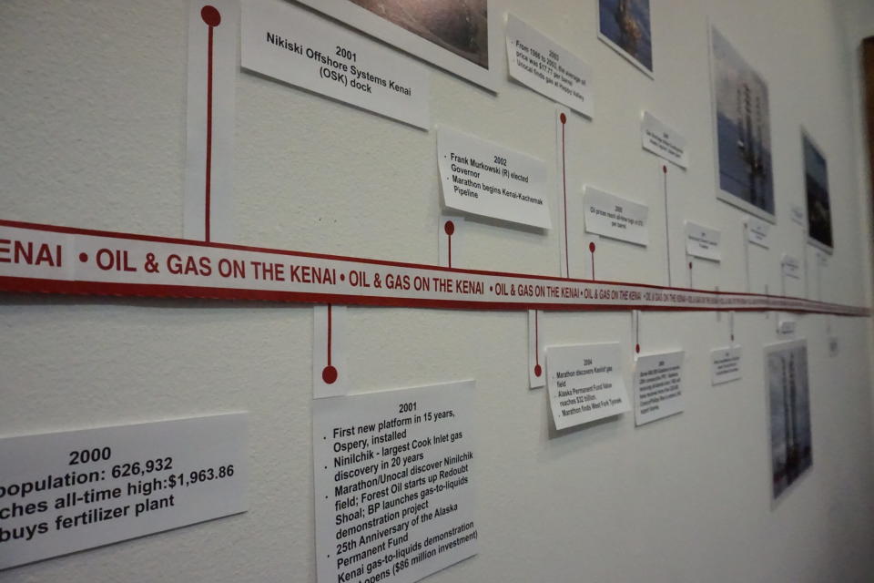 A historical timeline of oil and gas development in the Cook Inlet basin is seen on the wall on Aug. 15, 2018, at the Kenai Visitors and Cultural Center. The center has a small museum that features exhibits about the Kenai Peninsula's petroleum history, which dates back to the 1950s. (Photo by Yereth Rosen/Alaska Beacon)