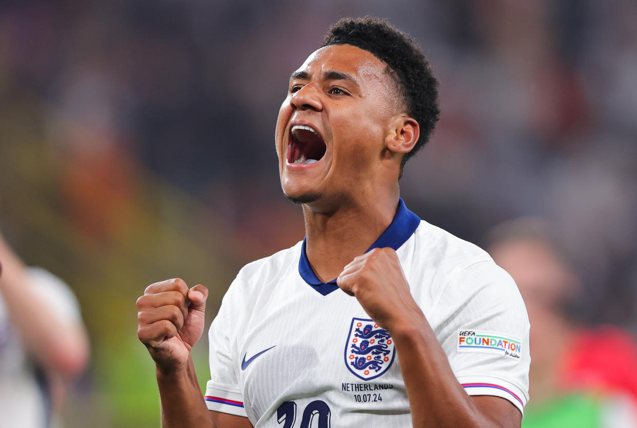 DORTMUND, GERMANY - JULY 10: Ollie Watkins of England celebrates during the UEFA EURO 2024 semi-final match between Netherlands and England at Football Stadium Dortmund on July 10, 2024 in Dortmund, Germany. (Photo by James Gill - Danehouse/Getty Images)